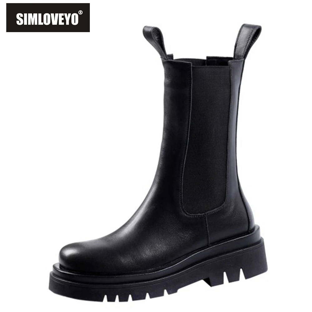 

SIMLOVEYO Size 33-43 Fashion Genuine Leather Boots Women Thick Sole Chelsea British Style Winter Platform Ankle Knee High Bootie