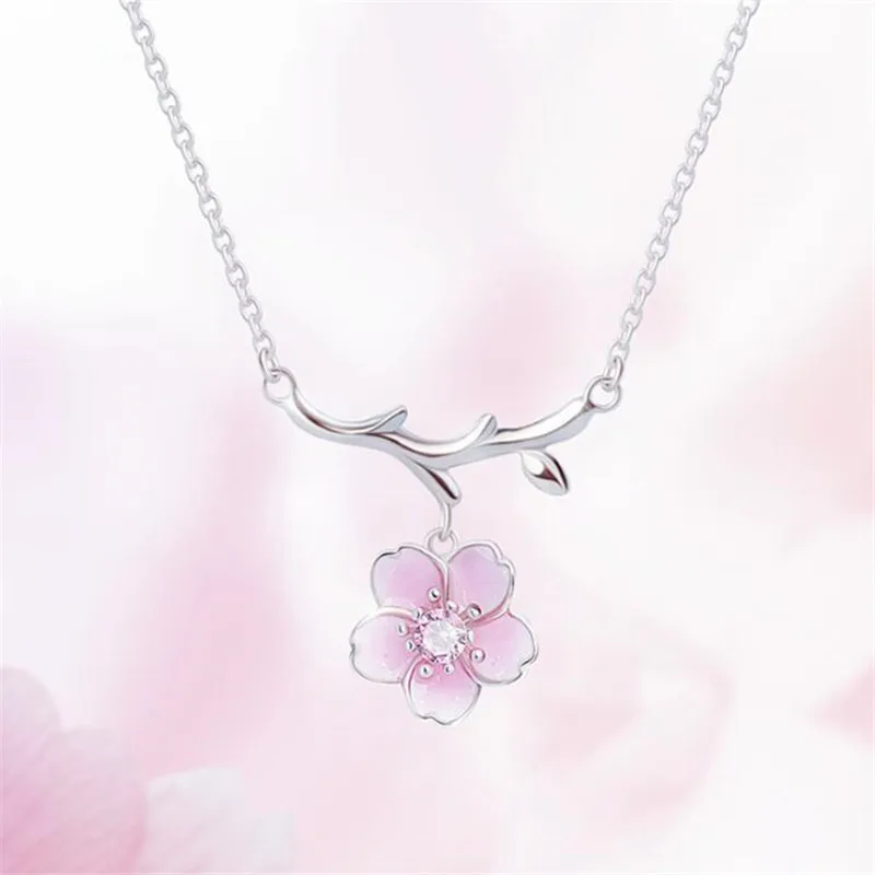 Натуральный модный 925 пробы серебряный розовый цветок вишни стразы колье