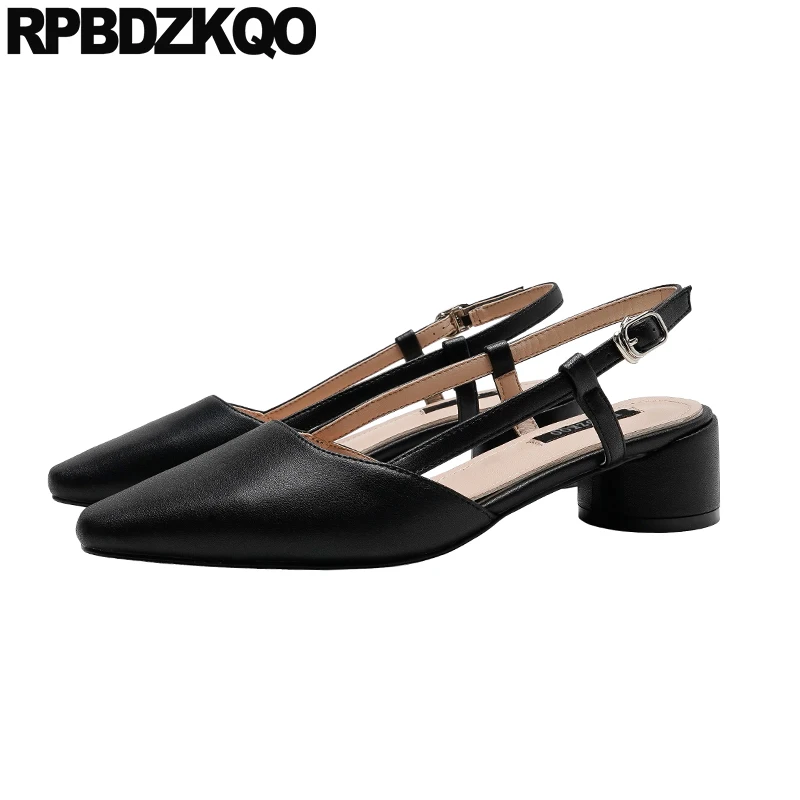 Женские босоножки с ремешком на пятке черные кожаные туфли лодочки низком