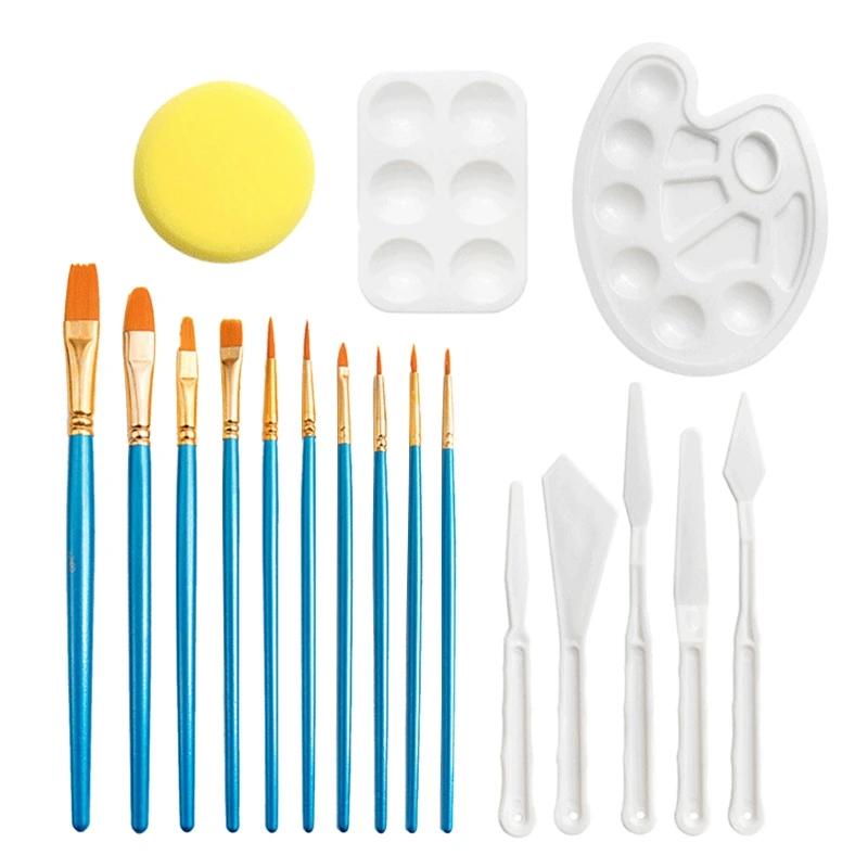 

10Painting Brushes 2 Paint Trays 5 Palette Knives Sponge for Art Student Teacher