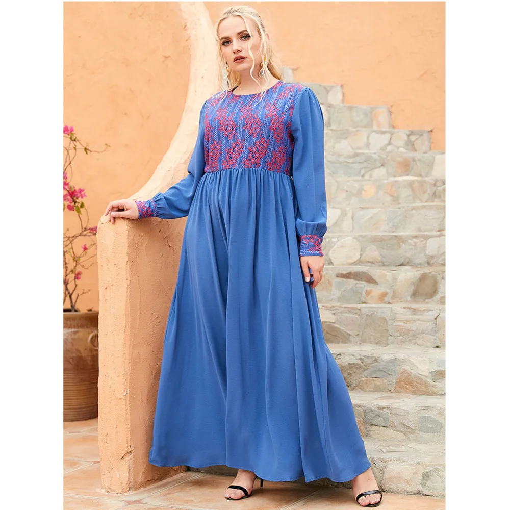 

Women Lace Floral Long Dress Long Sleeve Muslim Arab Abaya Islamic Eid Ramadan Ladies O-neck Spring Autumn Maxi Robe Plus Size