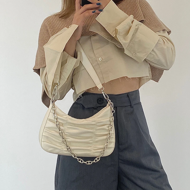 

PU Leather Ladies Chain Hobos Underarm Shoulder Bag Vintage Pleated Women Purse Handbags Fashion Design Girls Messenger Bags