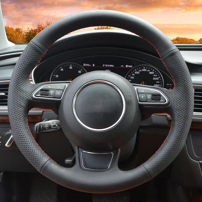 

Hand-stitched Black Leather Red thread Car Steering Wheel Cover For Audi A6L A4L Q5 A4 A3 Q3 A1 A7 A8L