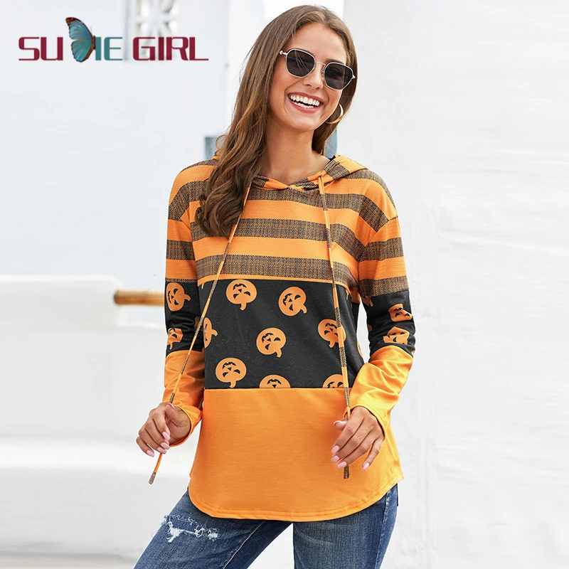 

SUDIE Girl Autumn Long Sleeve Hoodie Halloween Pumpkin Print Hoodie Drawstring Pullover Hooded Ladies Top