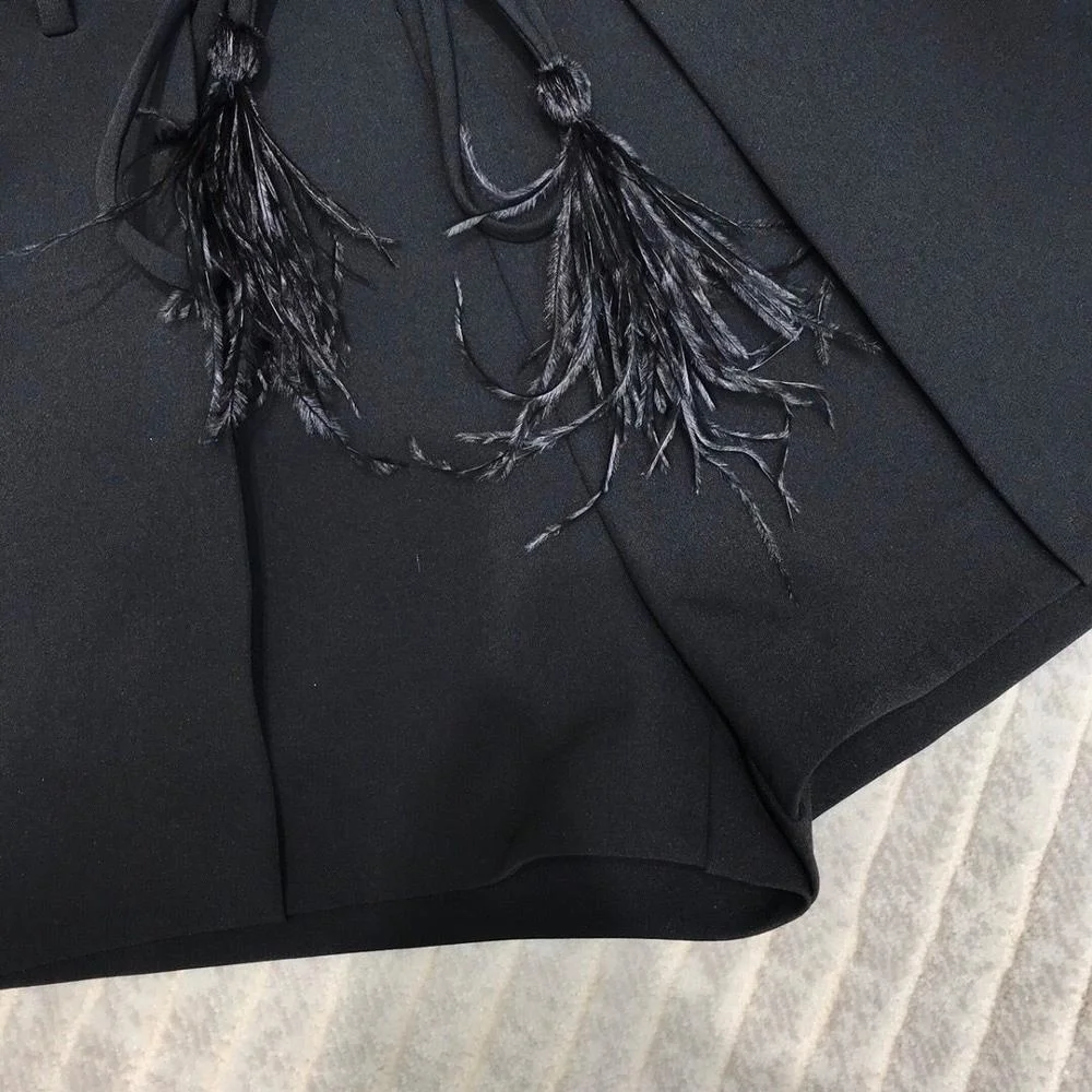 

solid color high-end summer high waist sweet shorts with feather lace up belt fashion designer women clothing