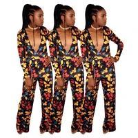 hot new hot style european and american fashion womens sexy leaf print long sleeved jumpsuit