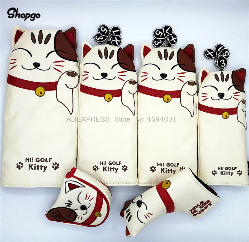 

Cartoon Lucky Cat Golf Covers For Driver Fairway Woods Hybrid Complete Set Mascot Novelty Gift Golf Club Headcovers