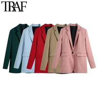traf women fashion office wear single button blazer coat vintage long sleeve back vents female outerwear chic veste