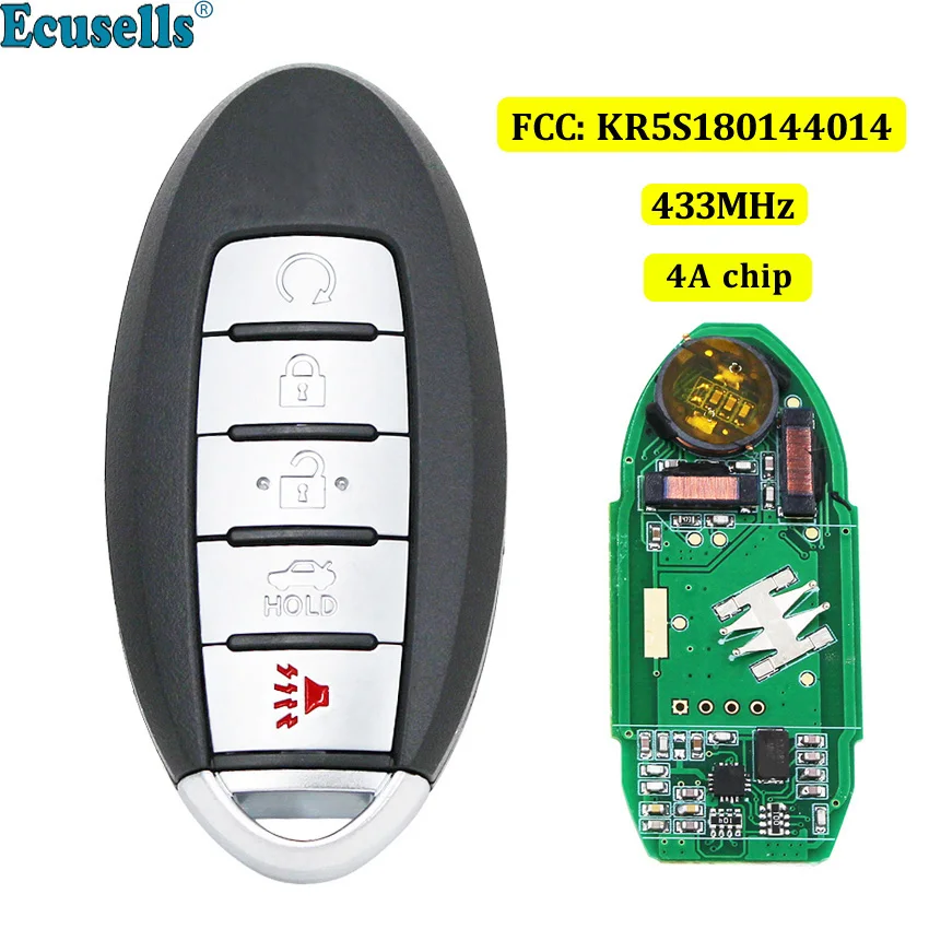 5 Buttons Smart Remote Key Fob 4+1 Button 433MHz 4A Chip For Nissan Altima Maxima Pathfinder Uncut KR5S180144014 S18014020 | Автомобили и