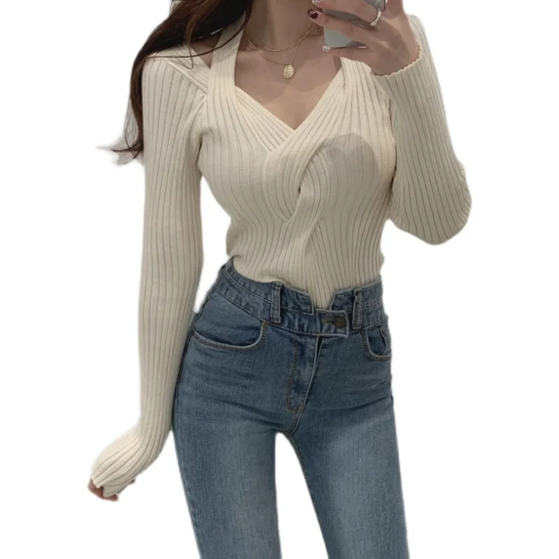

Korean Style Spring Chic Niche Slim Fit Slimming Sexy V-neck All-Matching Sweater Long Sleeve Hemp Pattern Bottoming Shirt