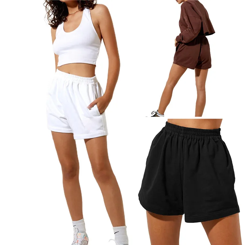 

Women Loose Style Shorts, Solid Color Elastic High Waist Sweatpants with Pockets, Black/ White/ Beige/ Brown