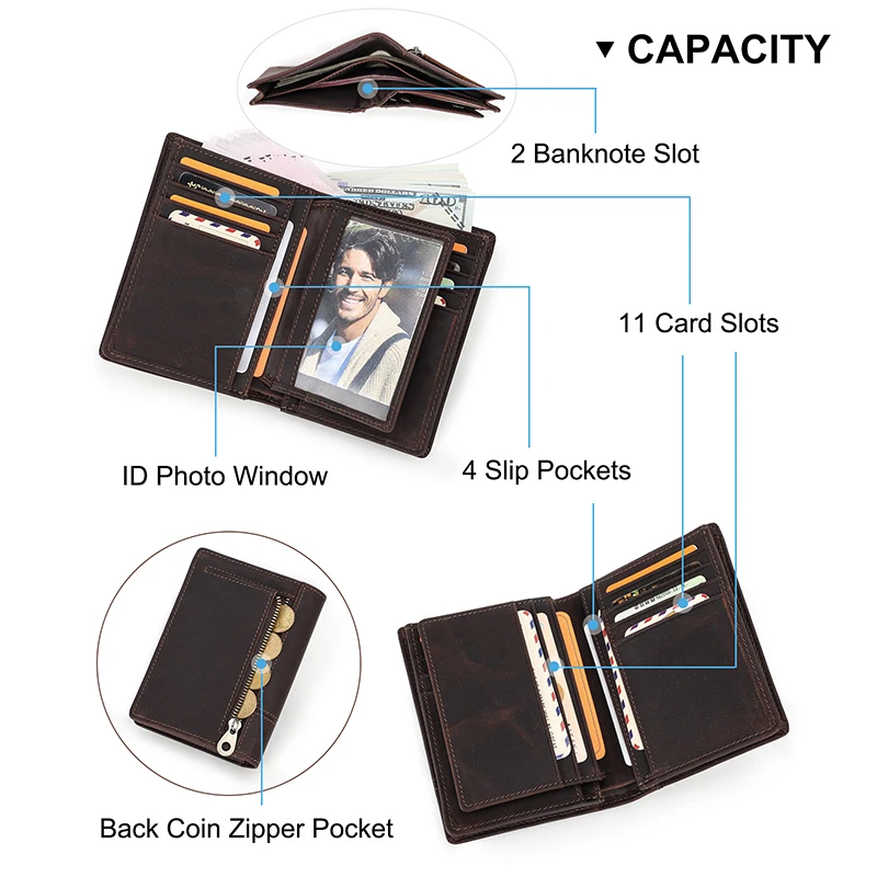 CONTACT'S Genuine Leather Men Wallets Small Money Purses Wallets Male Vertical Rfid Wallets Multi Function ID Credit Card Holder