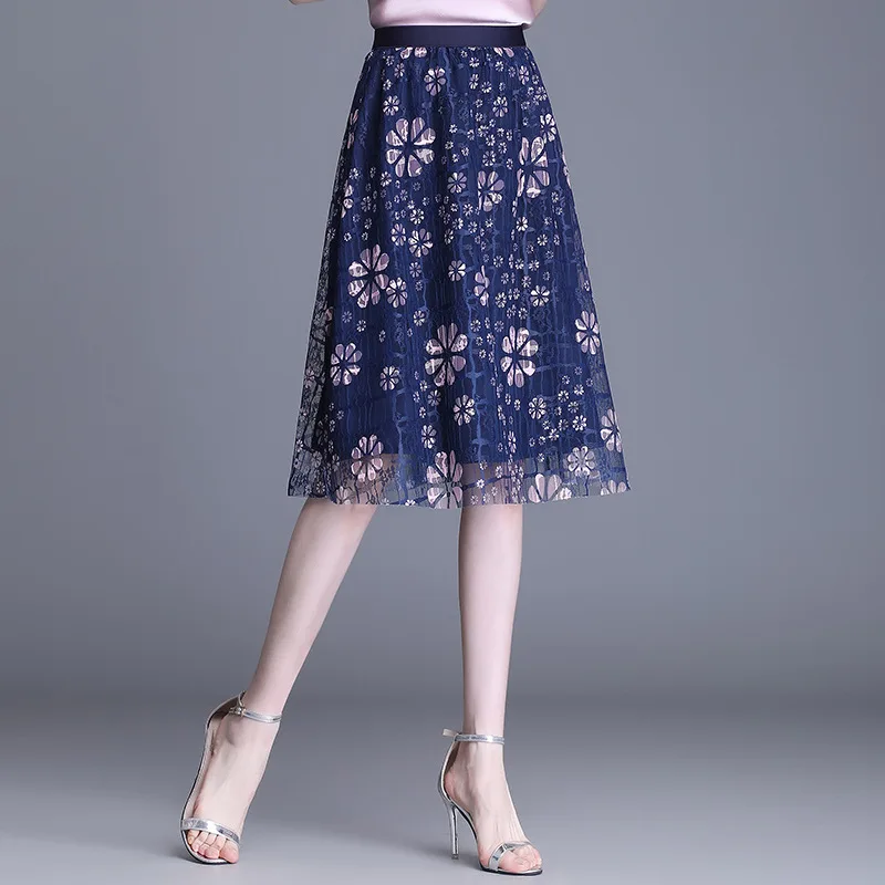 

Lace Floral High Waisted Elegant Chic Skirt Women 2021 Summer Fashion Slim Casual A-line Knee-length Skirts