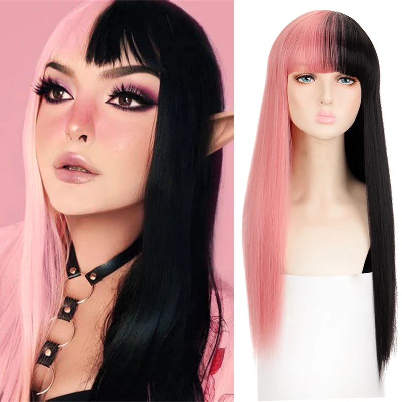 DIANQI Long Straight Half Black Half Pink Synthetic Wigs Natural Double Color Hair Wigs for Women Heat Resistant Cosplay Wigs