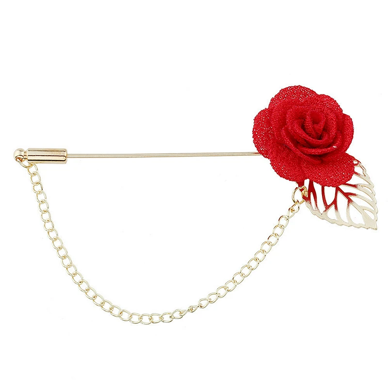 

New Fashion Male Suits Leaves Roses Flower Brooches Corsage Long Needle With Chain Handmade Lapel Brooch Pin Broche
