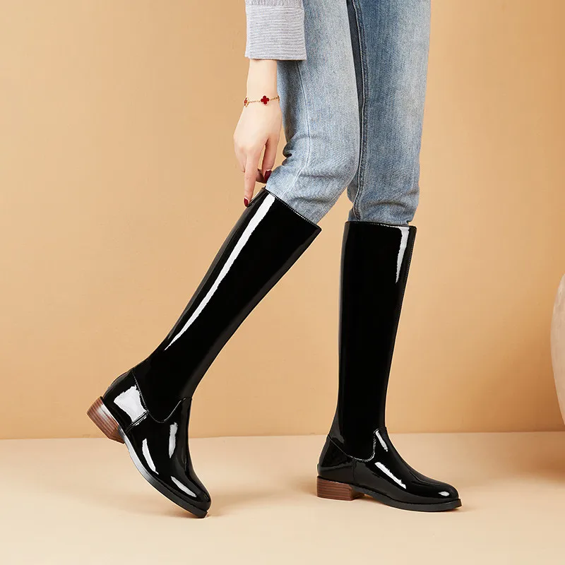 

Women Fashion Solid Genuine Leather Knee High Boots Night Club Shoes Woman Square Heels Female Silm Long Riding Boots