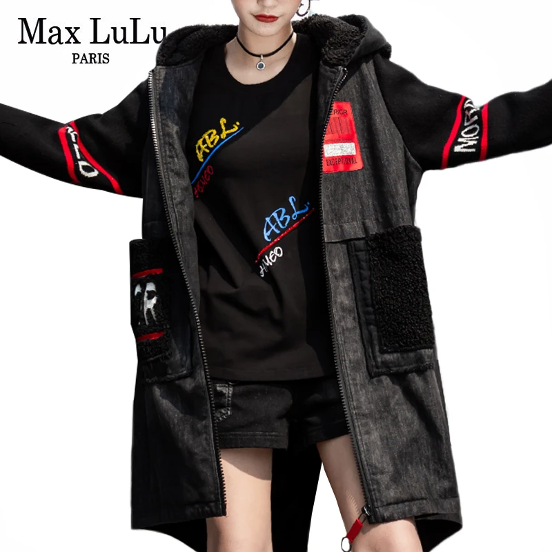 Женский Длинный джинсовый Тренч Max LuLu винтажный теплый с меховым капюшоном в