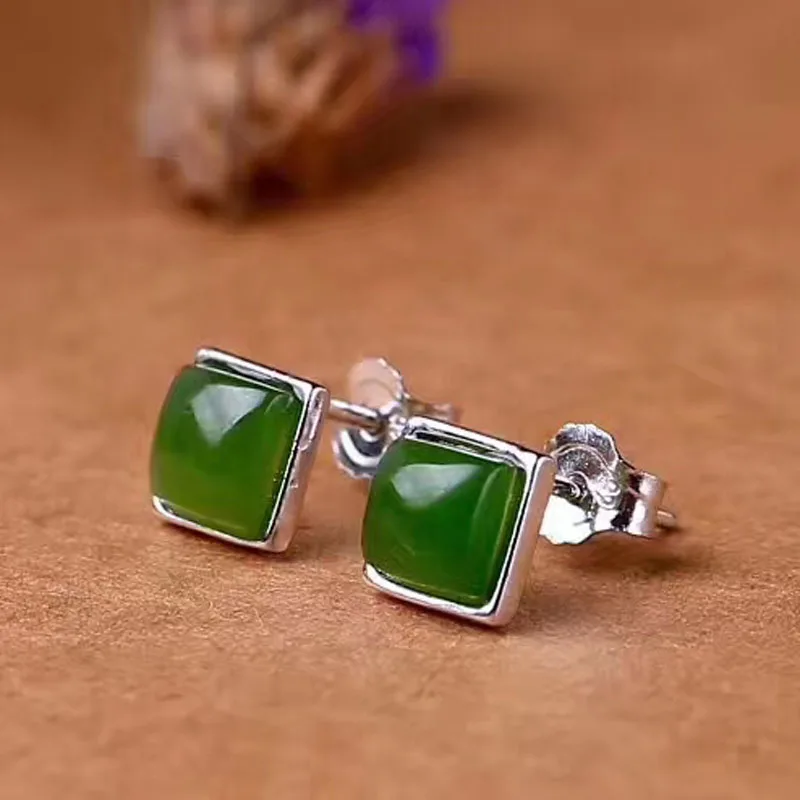 Jadery классические темно зеленые нефритовые серьги гвоздики для женщин 925 пробы