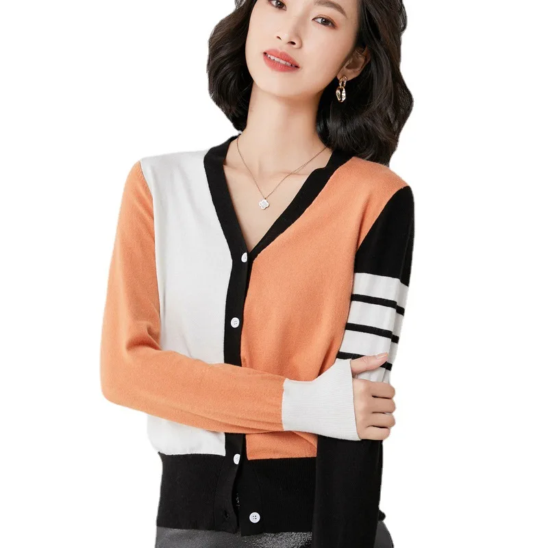 

2021 spring and autumn new tb star same jacket women's short sweater cardigan color matching striped tide bottoming sweater