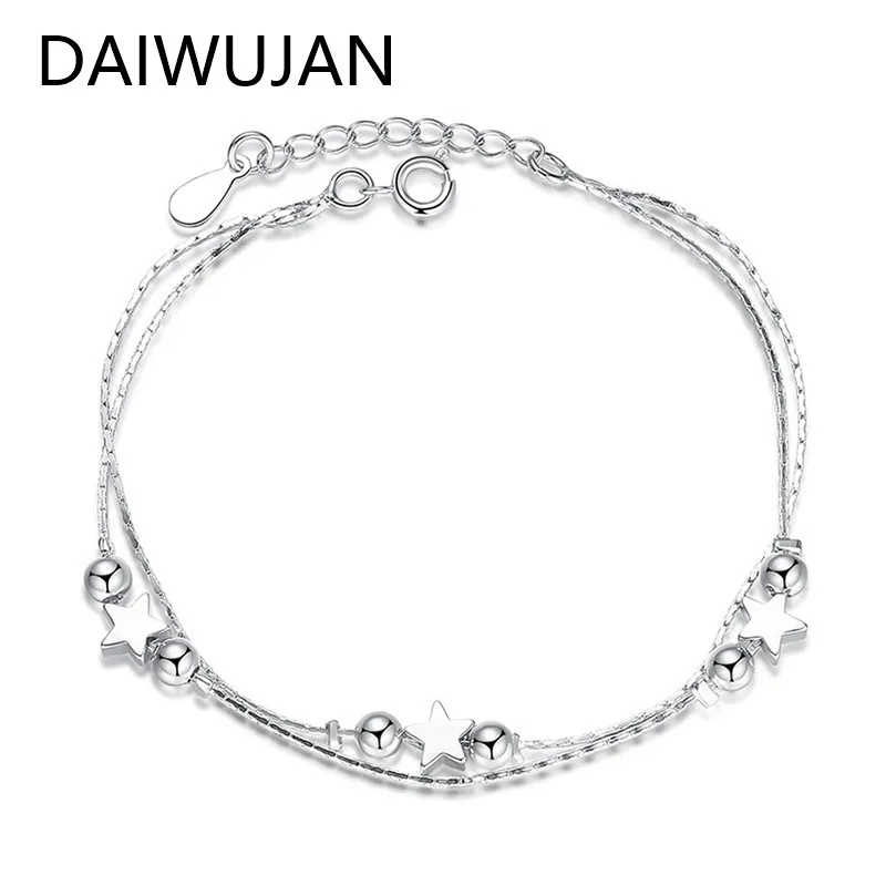 

Модный браслет DAIWUJAN из стерлингового серебра 925 пробы со звездами и сердцем для девушек женщин Двойные линии Ретро бусины ювелирные изделия...