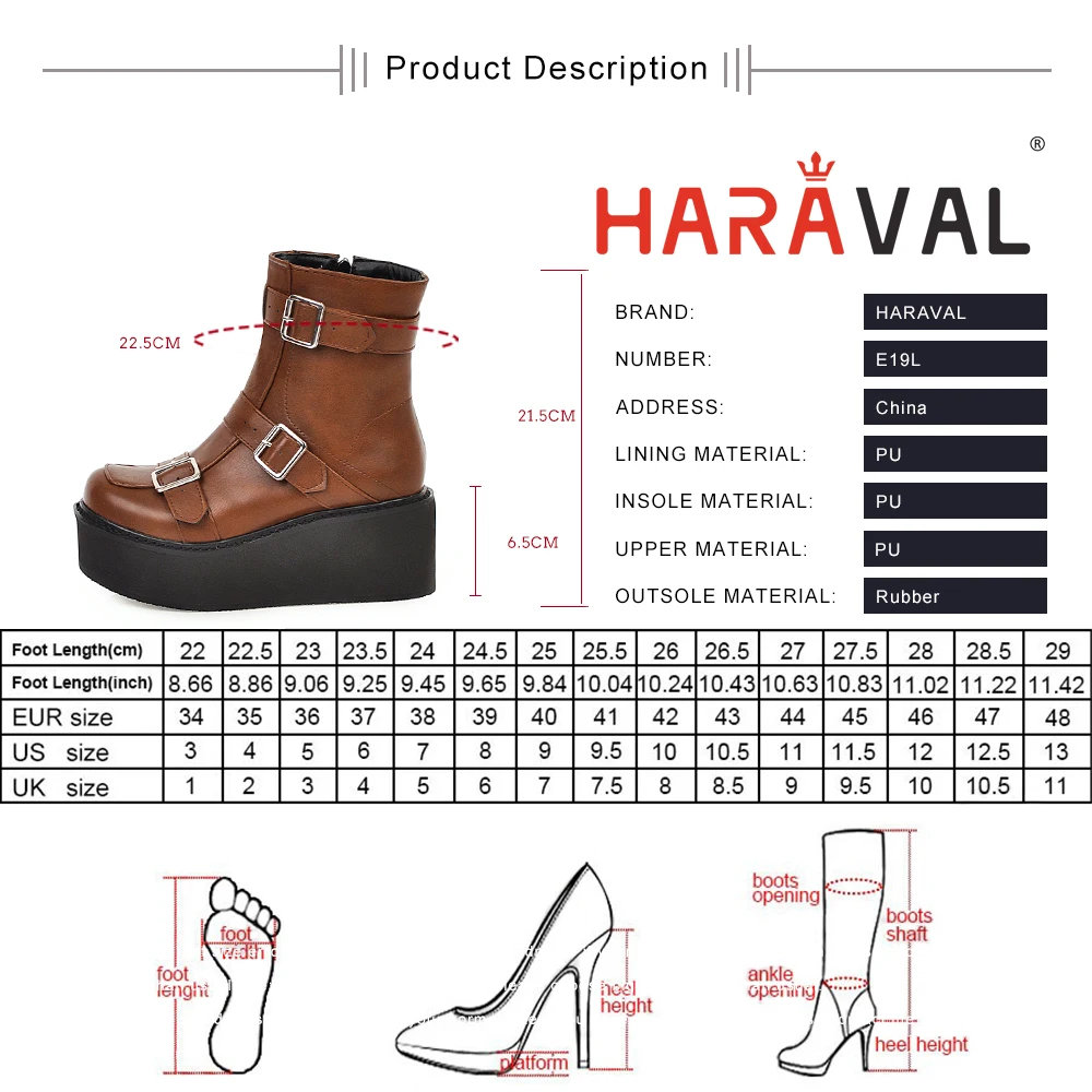 

HARAVAL Ankle Boots Spring Autumn Thick Bottom PU Patchwork Motorcycle Boot Shoes Round Toe 6.5CM Black Brown Female Shoes E19L