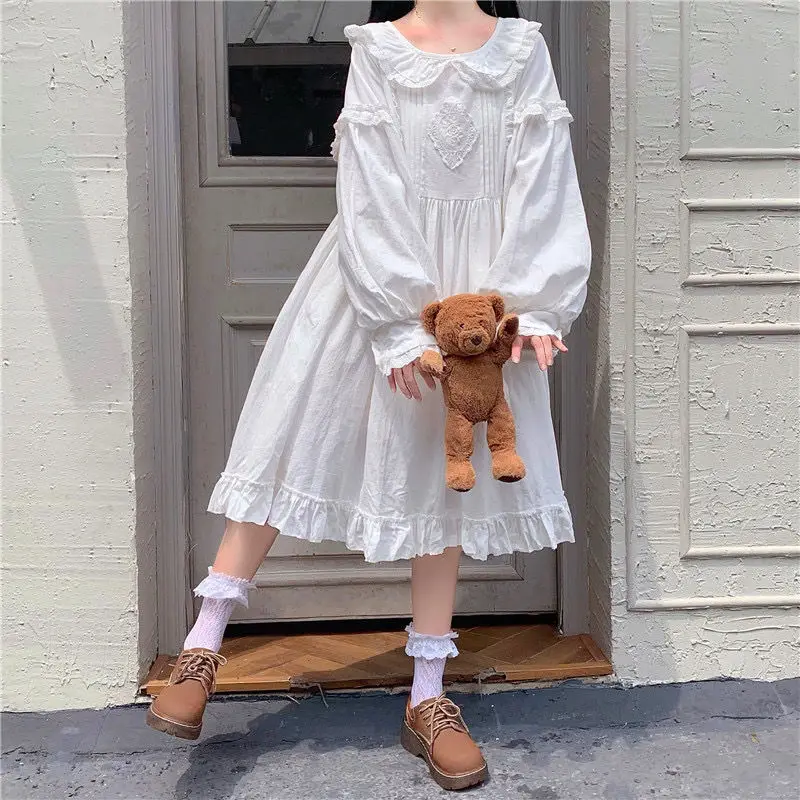 

Осеннее платье в японском стиле Лолита для девочек, милое платье в стиле Питер Пэн с воротником и кавайными оборками, элегантное однотонное ...