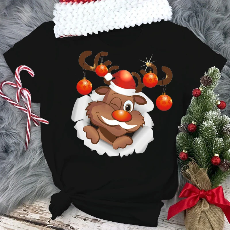 

Kawaii Santa Claus Women T Shirt Women's Fashion Christmas Harajuku T-shirt Black Suitable All Seasons Tshirt Tops Cloth