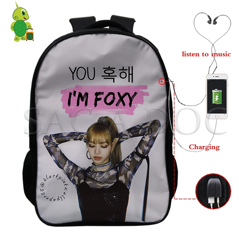 Рюкзак Mochila Kpop, черный, розовый, USB зарядка, рюкзак Kill This Love Rose/Lisa, женский, мужской, многофункциональный, школьный рюкзак, дорожные сумки - Цвет: 3