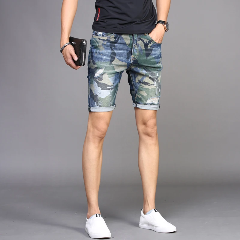 Men Ripped Denim Shorts Camouflage Jeans Summer Thin Stretch Straight Fit Pants Fashion Streetwear Knee Length Trousers
