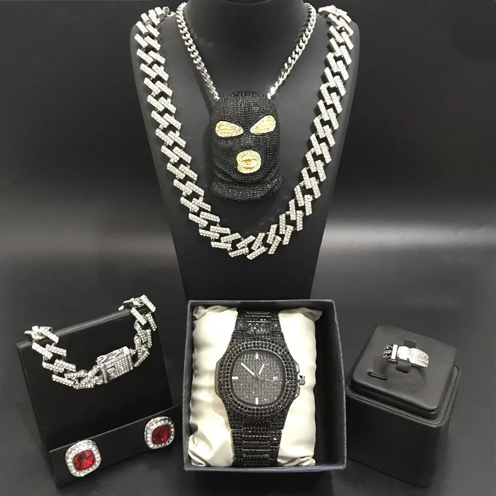 Роскошные мужские черные часы, ожерелье, браслеты, кольца и серьги, комплект из кубинского кристалла Майами, цепочка-Ожерелье для мужчин