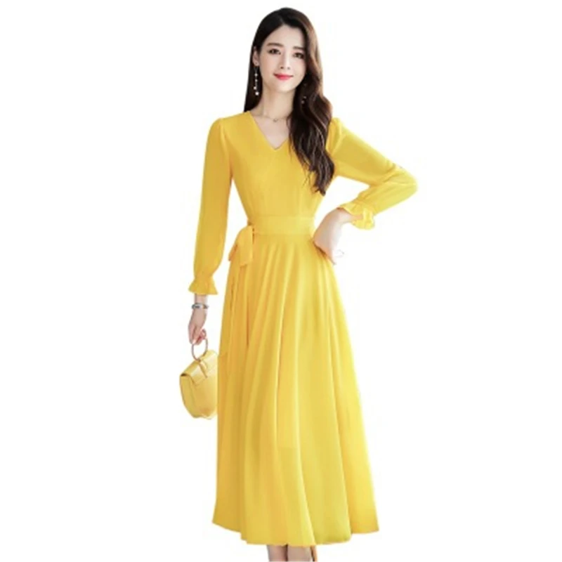 

Новое Женское длинное платье весна-осень женские платья тонкое модное женское длинное платье с V-образным вырезом элегантное платье с поясо...