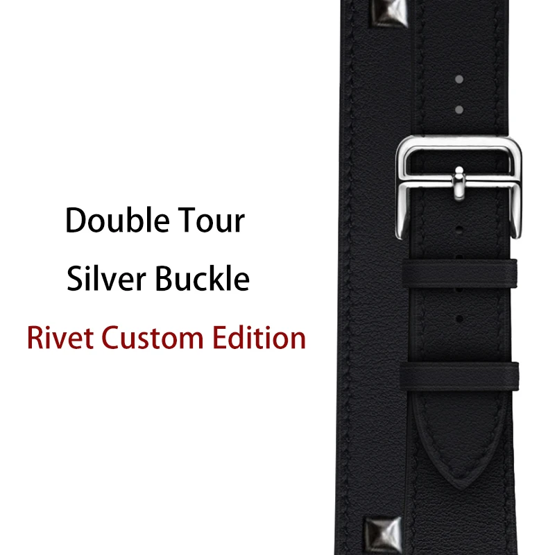Double-Silver-Rivet 40 мм 44 мм черный ремешок для Apple Watch Series 5 ремешок для часов из натуральной кожи браслет один двойной тур полосы для iWatch серии 3 2 - Цвет ремешка: Double-Silver-Rivet