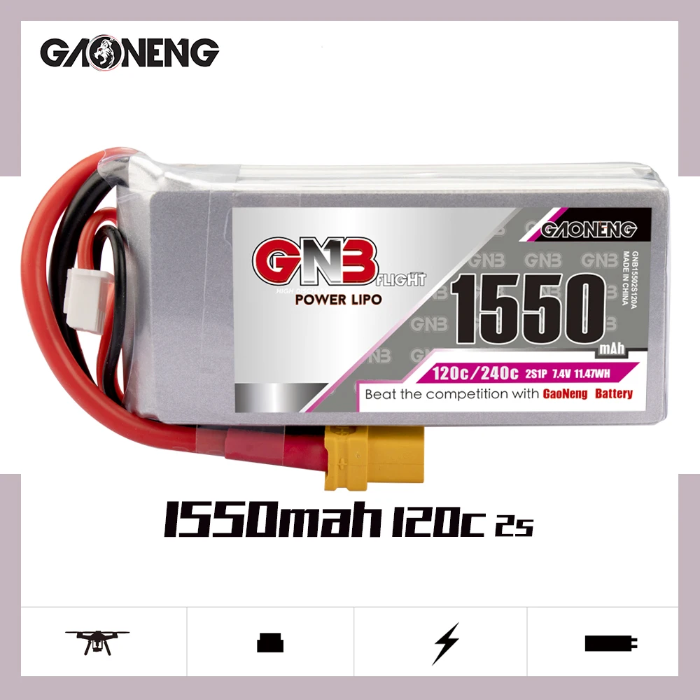 

Аккумулятор GAONENG GNB 2S 1550 мАч 7,4 В 120C/240C Lipo с разъемом XT60 для радиоуправляемого вертолета квадрокоптера FPV гоночного дрона запчасти