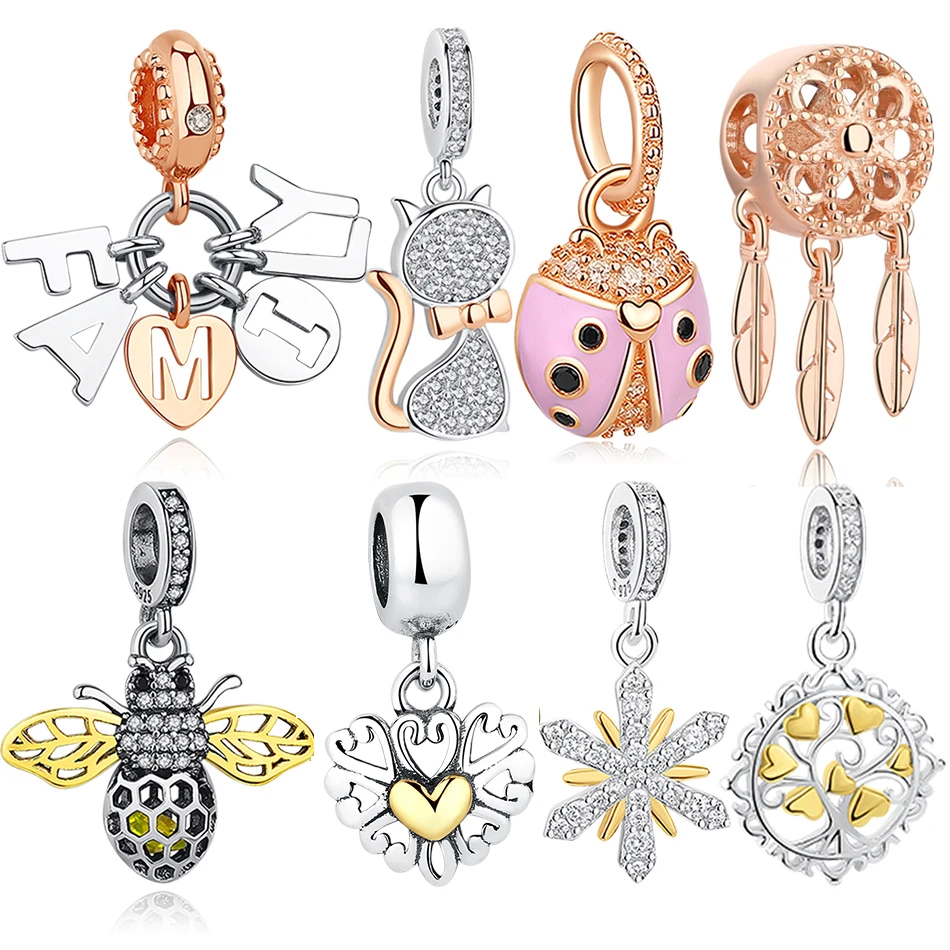 925 пробы серебряные шармы из розового золота Семья дерево пчела кошка Мотаться