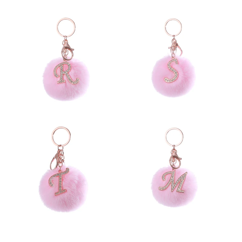 

TRJE Fluffy Pink Pompom Faux Rabbit Fur Ball Keychains Crystal Letters Key Rings Key Holder Trendy Jewelry Bag Accessories Gift