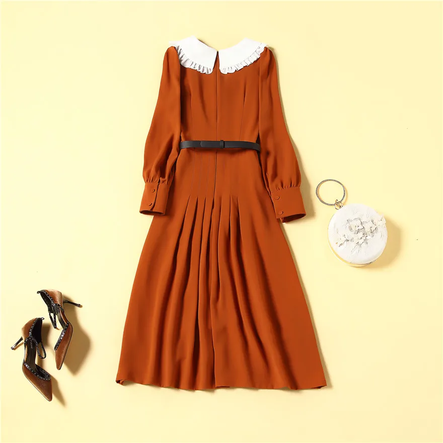 

Runway Cottagecor Long sleeve Dress Lady Peter Pan Collar Orange Pleated Pocket Belted Midi Long vestido de fiesta