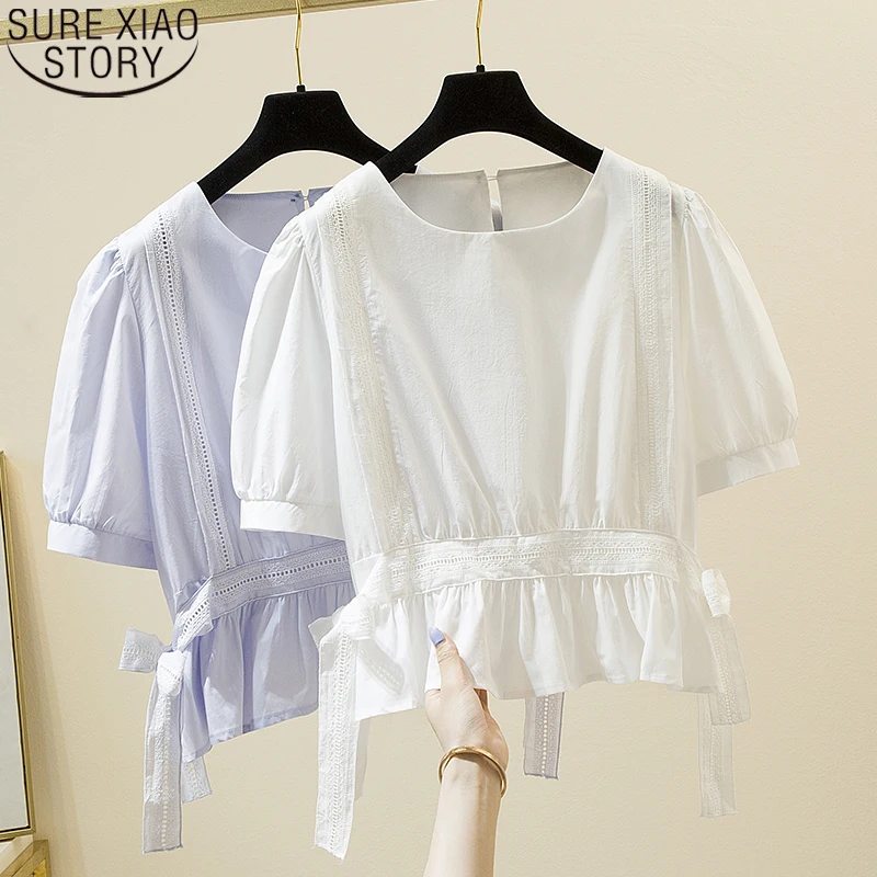 

Simple Sold White Blouse with Lace Casual Women Clothing 4XL Loose Shirt Ladies Tops Summer Puff Sleeve O-neck Blouses 14838