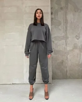 

New Women Sport Casual Long Sleeve Tee Round Neck Crop Top Sweater Suit Pant High Waist Elastic Trouser Two Pcs Sport Set Outfit