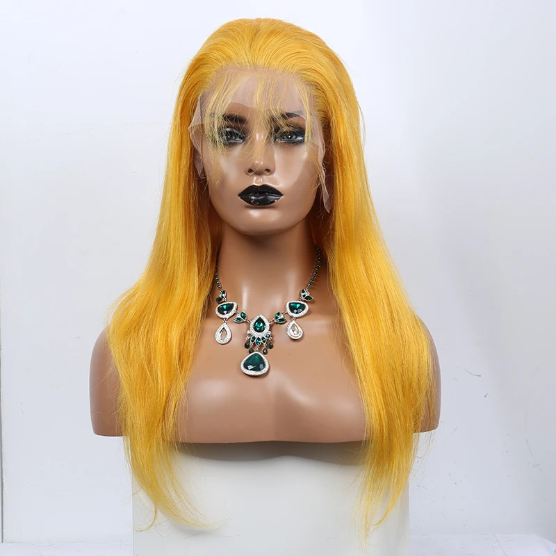 Жёлтые прямые парики из натуральных волос на кружеве бразильский парик для