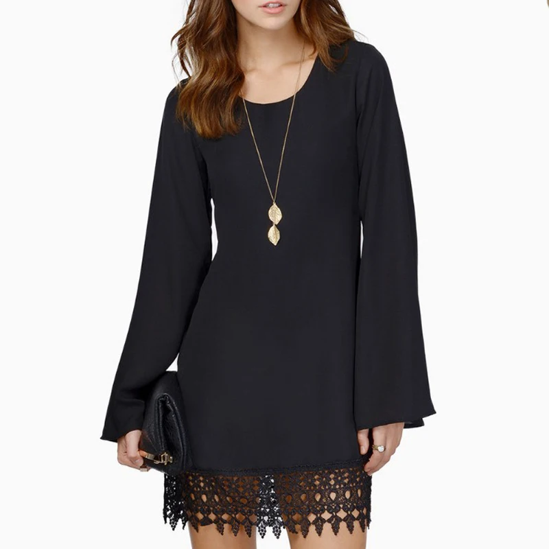 

Zoki Female Black Elegant Dress Stitching Lace Loose O- Neck Casual Long-sleeved Mini Dress Summer New Women Fashion Clothing