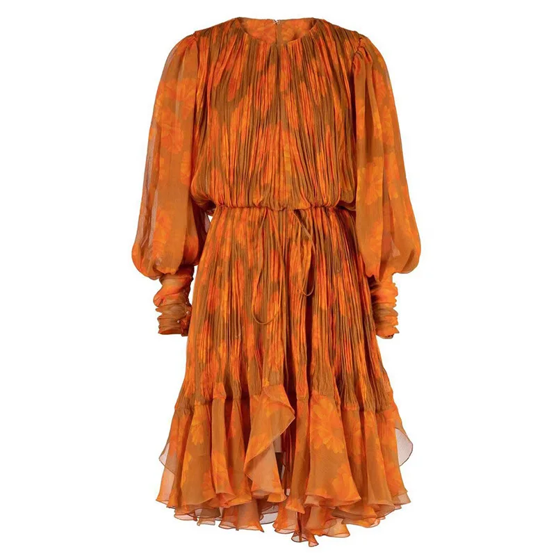 Плиссированное платье с оборками и цветочным принтом рукавами-фонариками