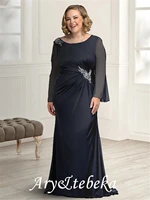 sheath column mother of the bride dress plus size elegant jewel neck chiffon long sleeve with ruched crystal brooch 2021