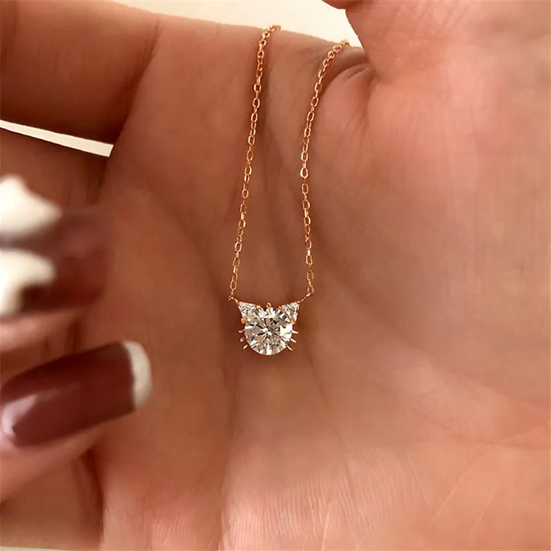 

925 Sterling Silver Link Chain Zircon Cat Charm Necklace Pendant For Women Kids Party Jewelry Accessories Choker dz653