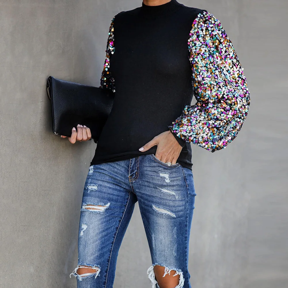 Bling Sequins Lady Tops Blouses Long Sleeve Patchwork Turtleneck Lantern Women And Shirt Autumn Party Office | Женская одежда