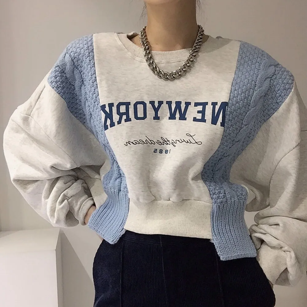 

2021 Autumn Winter Fashion Women Sweater Knitting Splicing Hoodie Round Neck Long Sleeve Pullover Loose Women