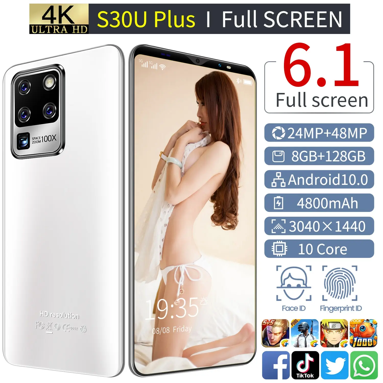 

S30U Plus Galxy 6.1 Inch Full Screen Smartphone 10 Core 24+48MP 3040*1440 Mobilephone Android10.0 Face Fingerprint ID Cellphone