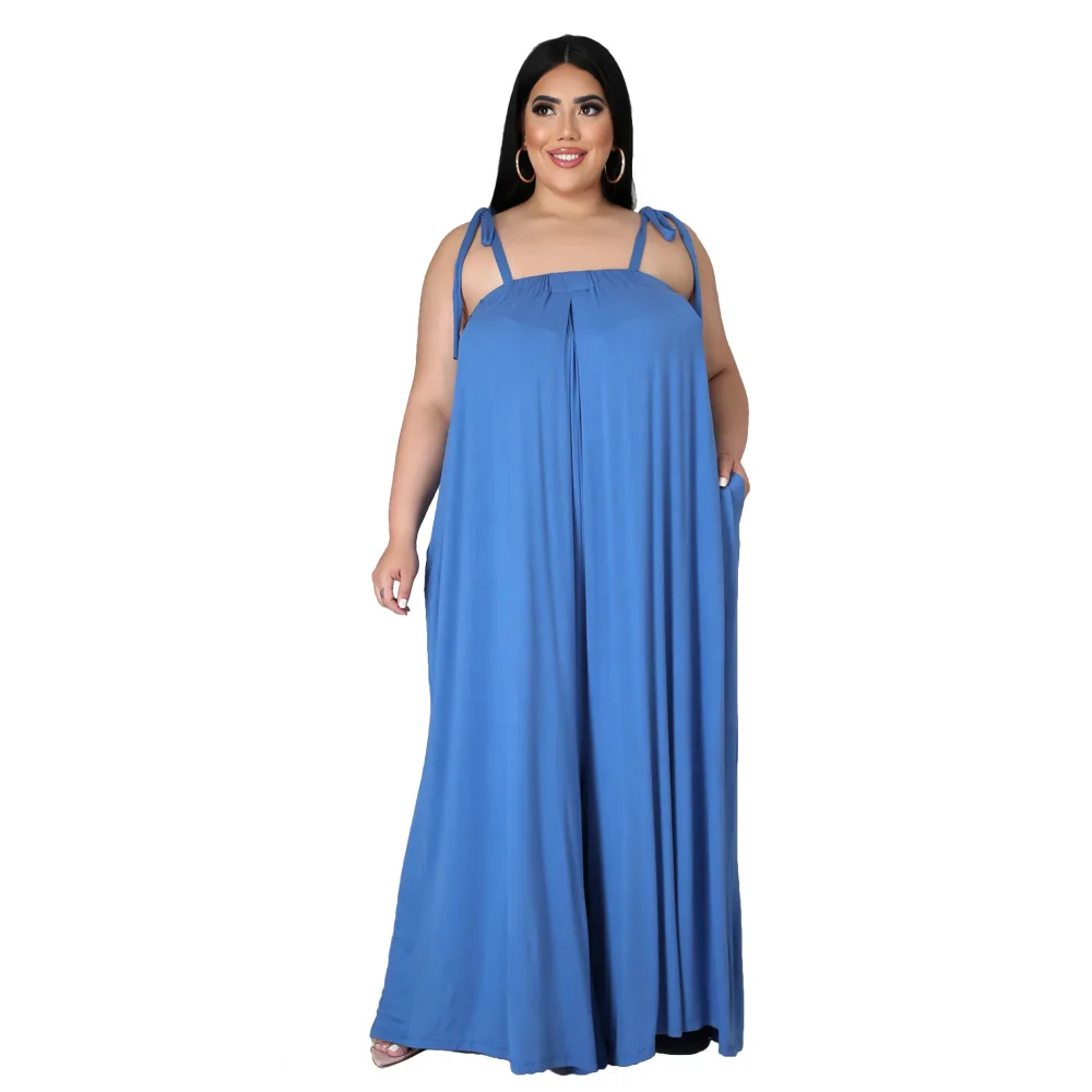 

Hottest Women Plus Size Lace-up Loose Jumpsuits 2021 Summer Charming Sleeveless Spaghetti Strap Backless Solid Sexy Rompers