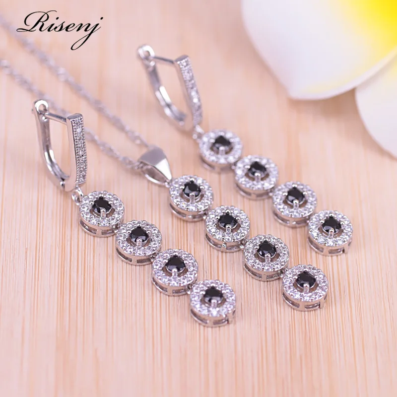 Женские серьги-подвески Risenj серебристые с кубическим цирконием браслет и