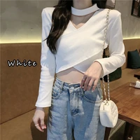 long sleeved blouse hanging neck v neck short t shirts exposed navel slim tshirts fit crop top tops for women clothing t shirt