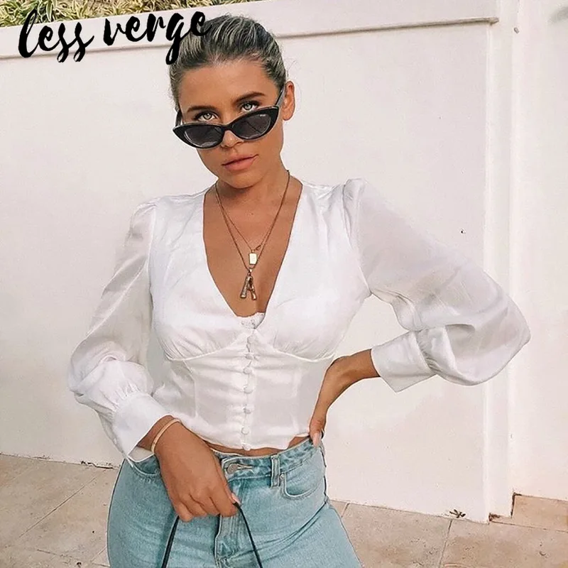 Lessverge сексуальный v образный вырез с длинными рукавами белый кроп Топ на
